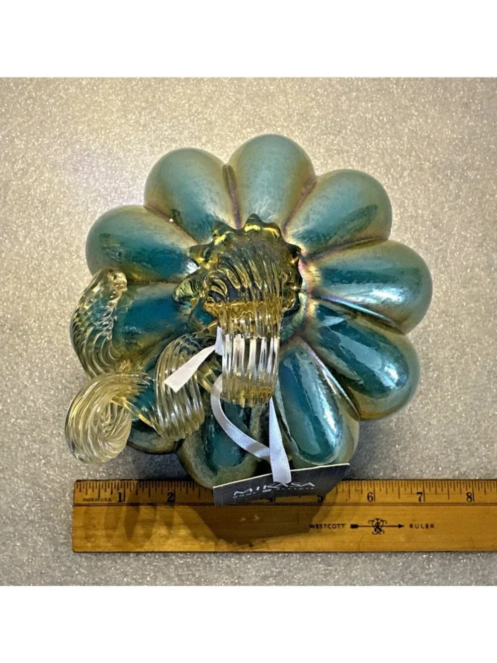 Mikasa Blown Glass Pumpkin Aqua Blue Gold Curly Stem 6.5